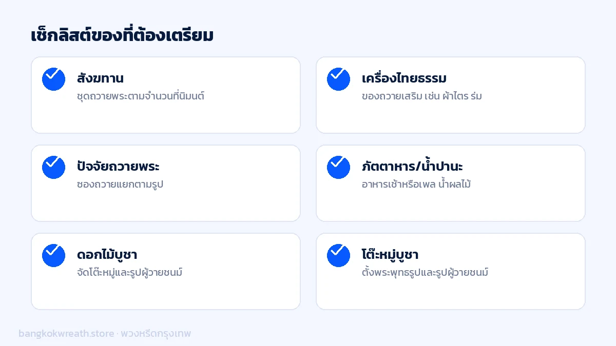 เช็กลิสต์ของที่ต้องเตรียมสำหรับงานทำบุญ 100 วัน สังฆทาน เครื่องไทยธรรม ปัจจัย ภัตตาหาร