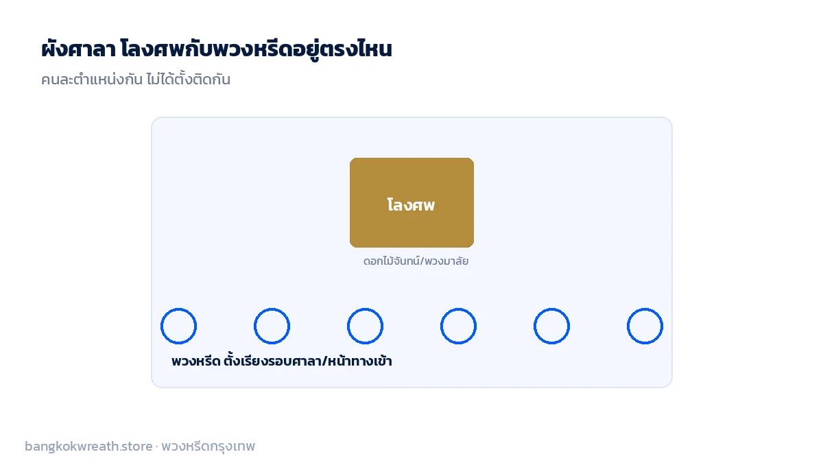 ผังศาลา โลงศพตั้งกลางบนแท่นสูงมีผ้าคลุมและดอกไม้จันทน์ ส่วนพวงหรีดตั้งเรียงรอบศาลาหรือหน้าทางเข้า คนละตำแหน่งกับโลง