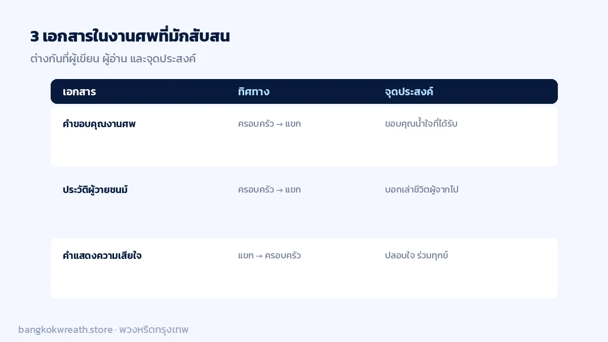 เปรียบเทียบคำขอบคุณงานศพ ประวัติผู้วายชนม์ และคำแสดงความเสียใจ ต่างกันที่ผู้เขียนและจุดประสงค์